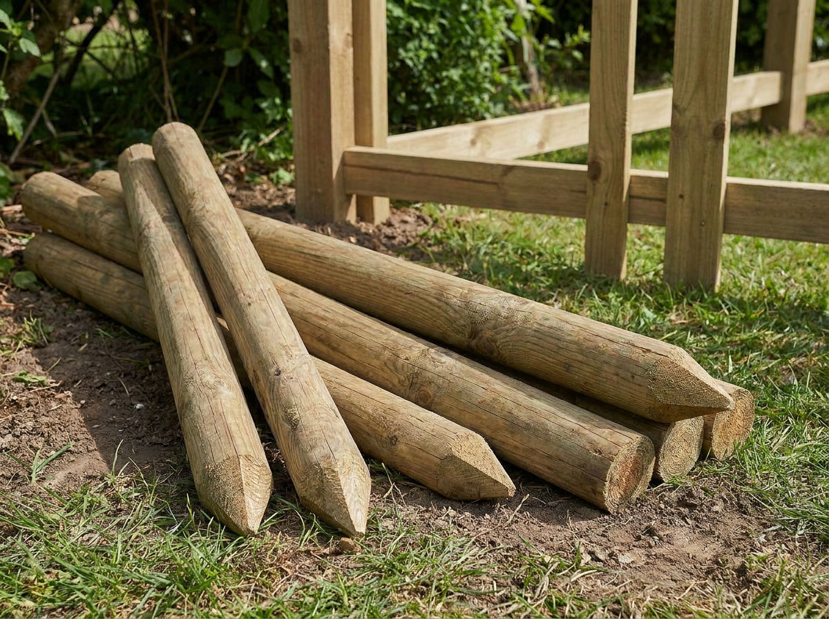 Postes-de-madera-redondos-tratados-preparados-para-instalar-una-cerca-exterior.jpg
