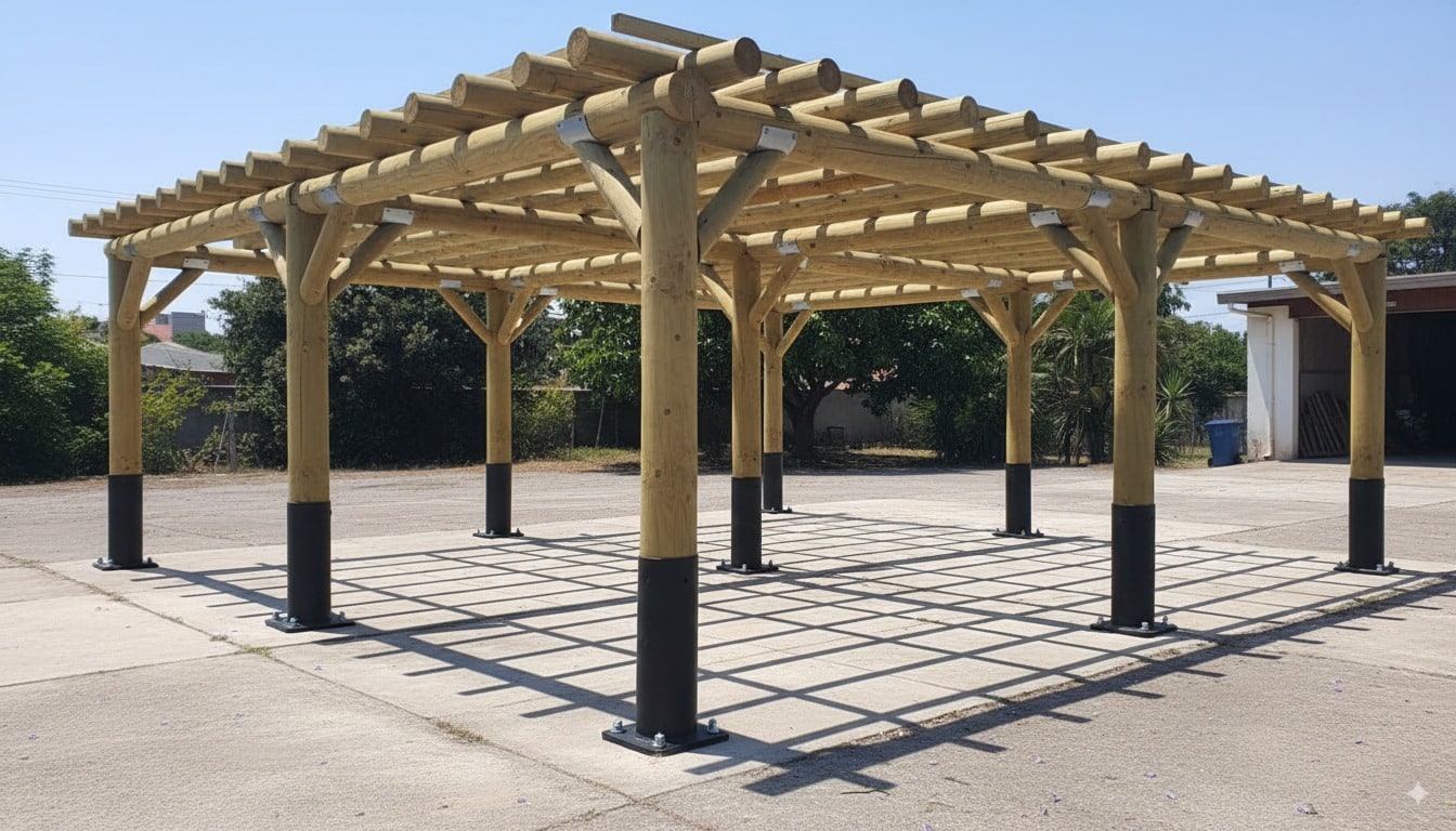 Postes de madera sin punta instalados en una pérgola con anclajes metálicos