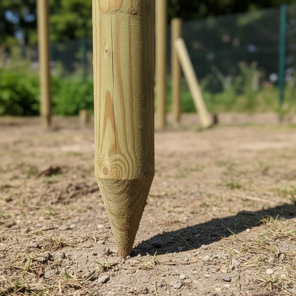 Primer plano de un poste de madera con punta listo para ser instalado en un cercado