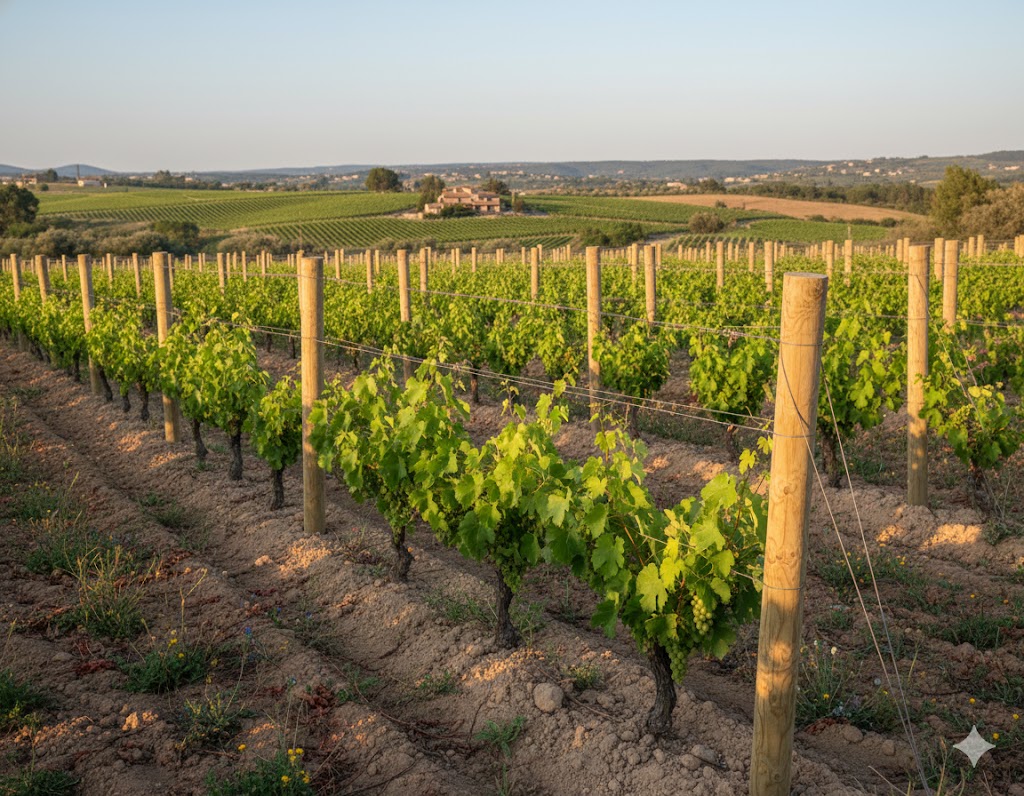 Postes de madera utilizados como tutores en un viñedo