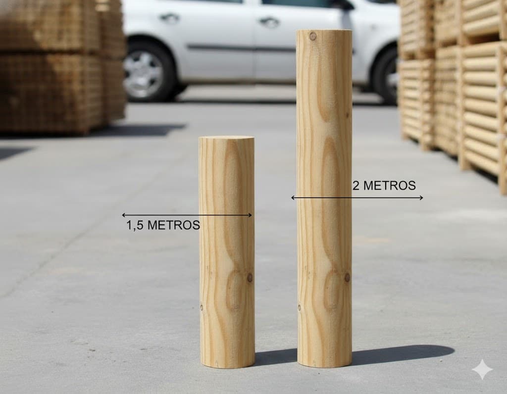 Postes de madera de tamaño mediano, entre 1,5 y 2 metros de largo.