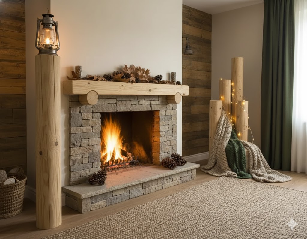 Postes de madera de pino creando un ambiente de decoración rústica en un jardín