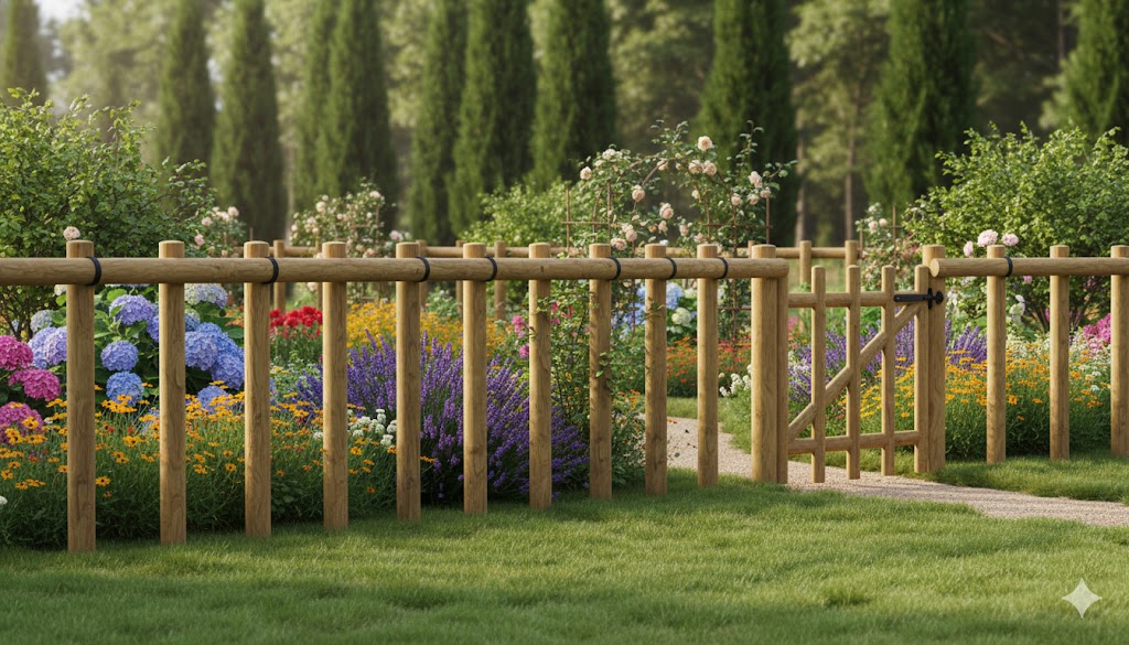 Postes de madera de pino instalados en un cercado de jardín