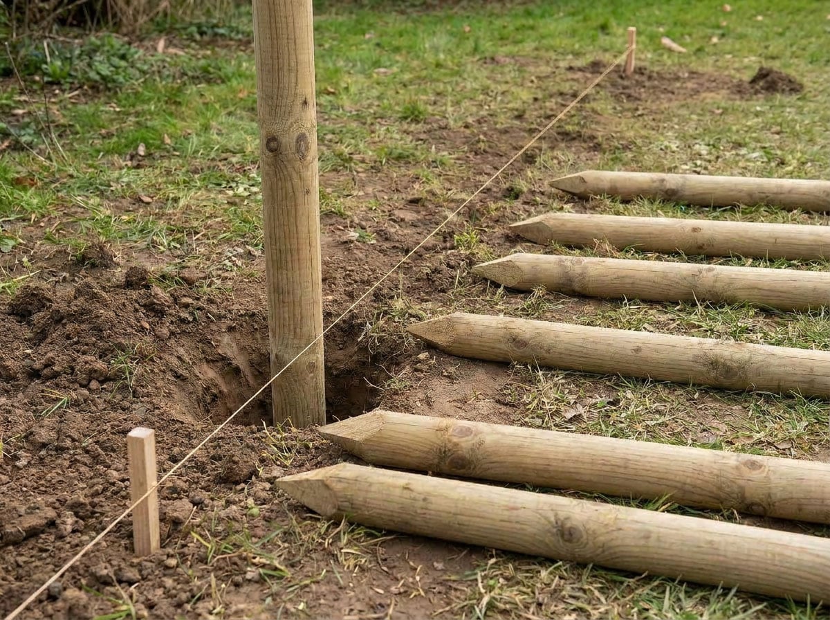 Agujero en tierra preparado para instalar un poste de madera tratado para exterior
