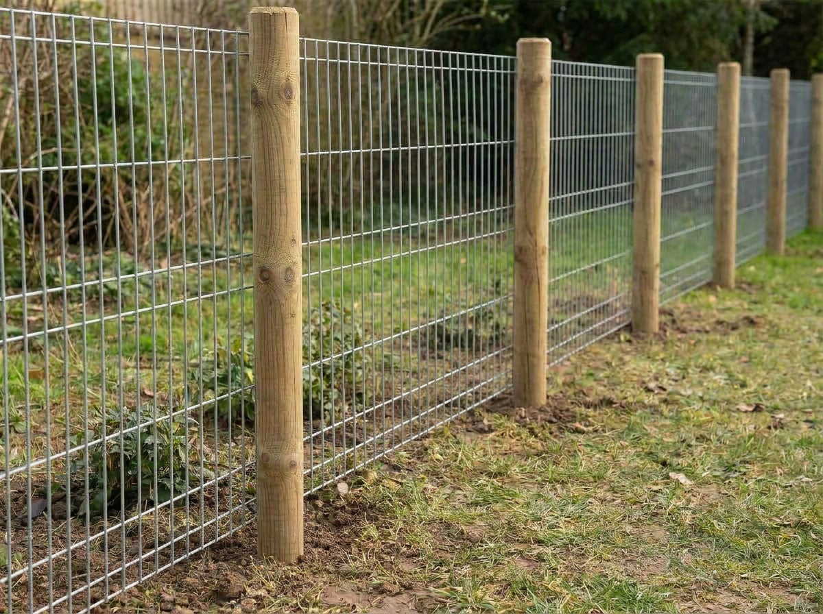 Cerca terminada con postes de madera redondos y malla metálica en un jardín