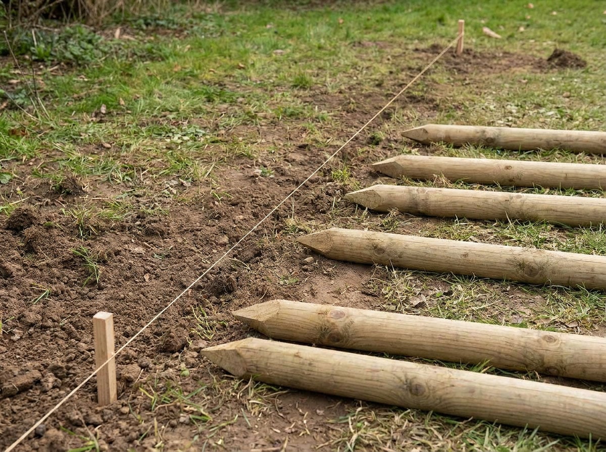 Marcado del trazado de una cerca con cuerda antes de colocar postes de madera
