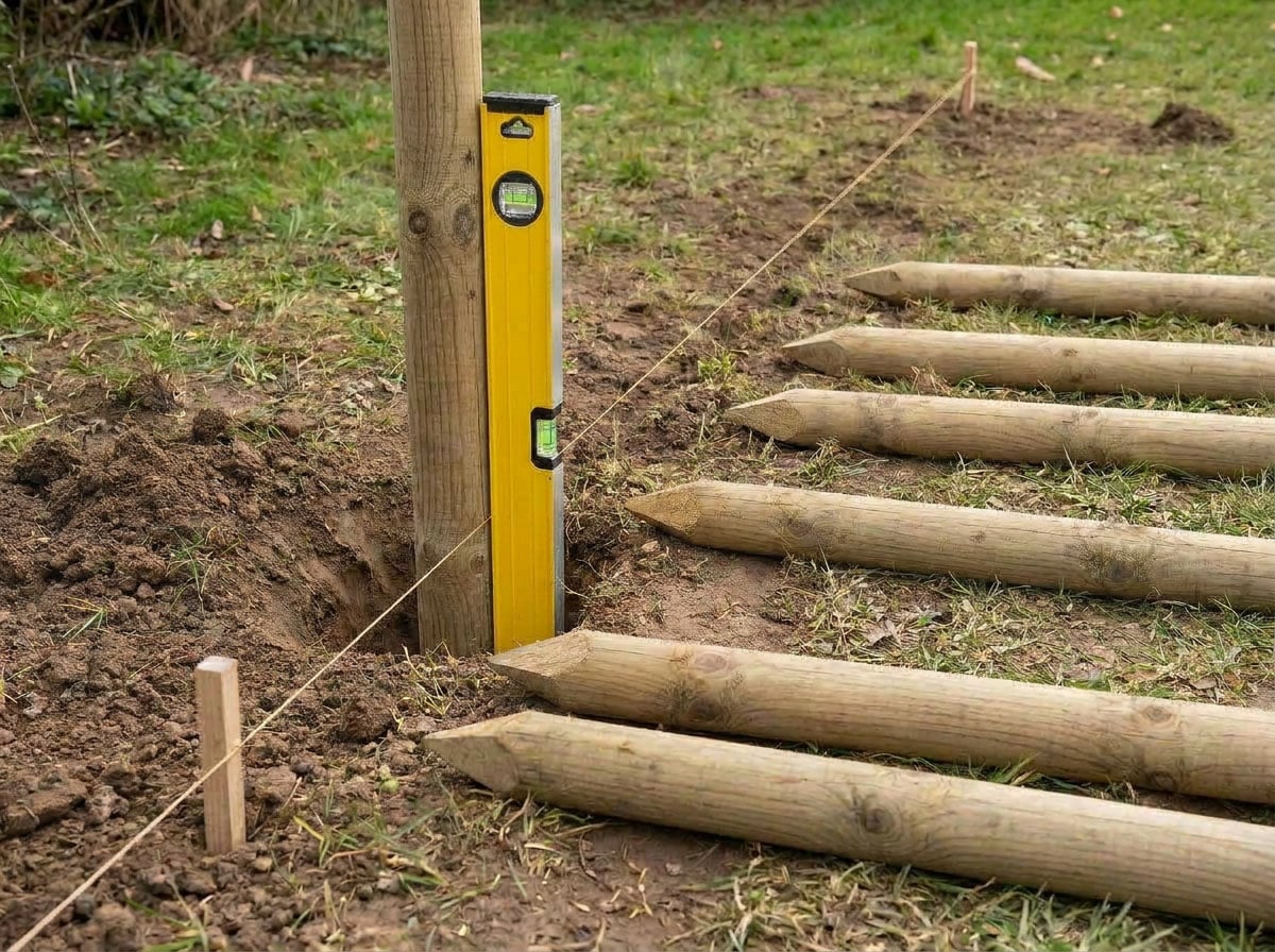 Poste de madera colocado en vertical con nivel durante la instalación de una cerca