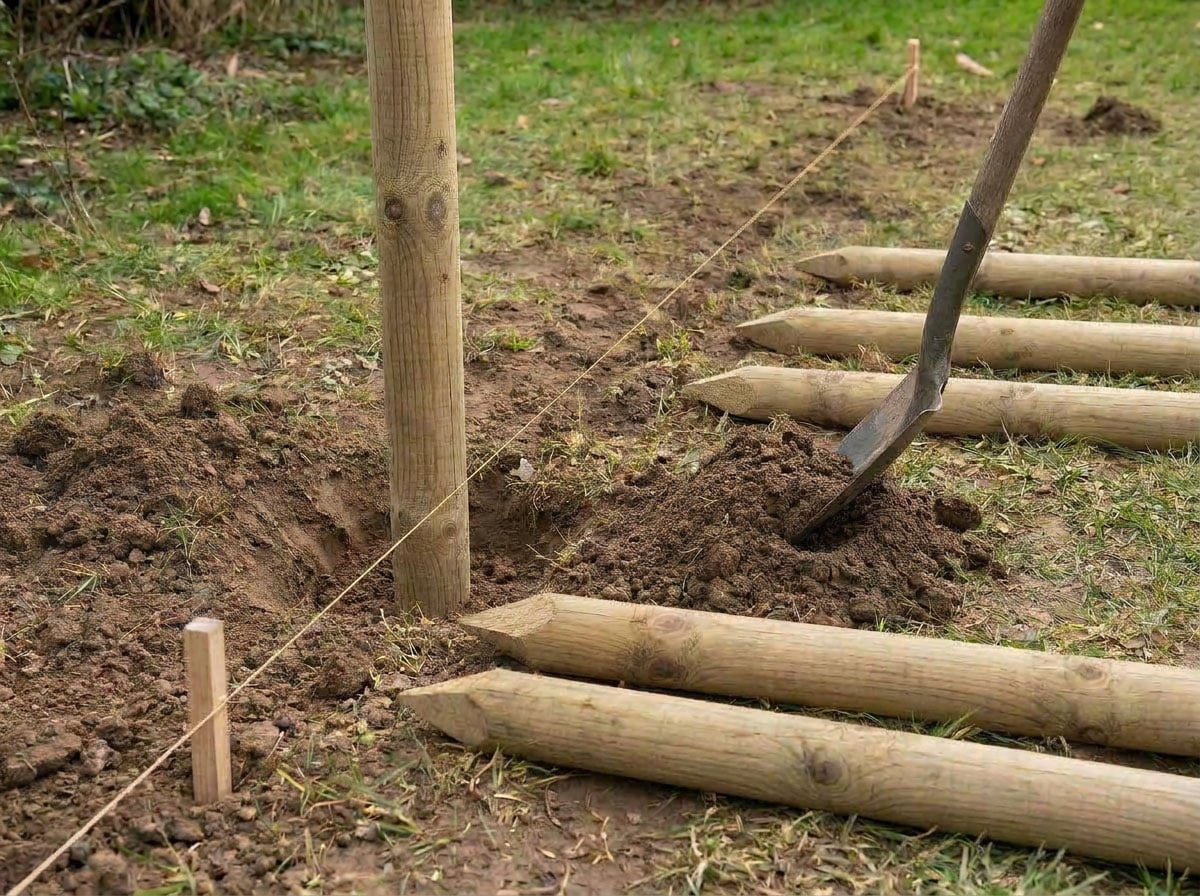 Relleno y compactación de tierra alrededor de un poste de madera para cerca exterior
