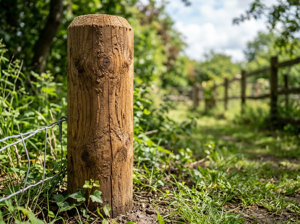 Detalle de poste de madera redondo con tratamiento para exterior